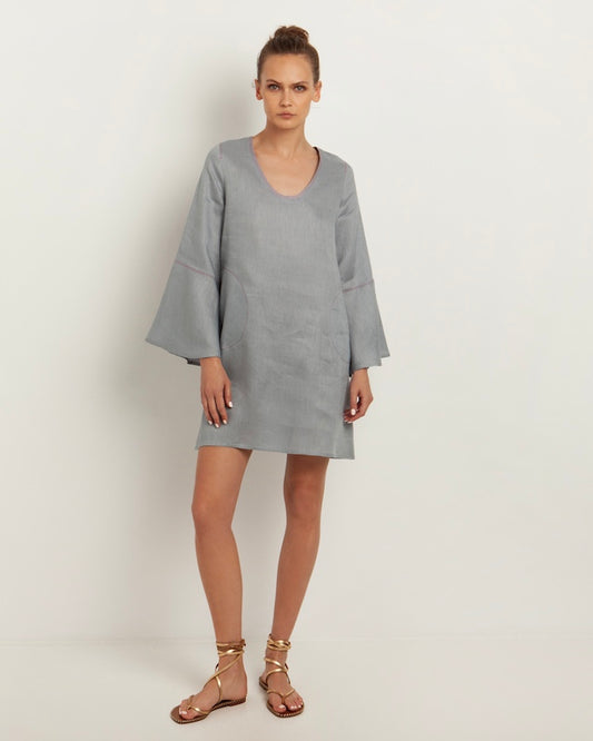 Leinen Kleid grau 1 - Kori: Midi Kleid, Taschen, Tulpenärmel